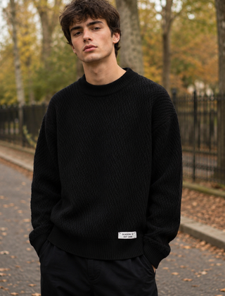 Maglione uomo nero in maglia lavorata con girocollo e bordo inferiore a coste