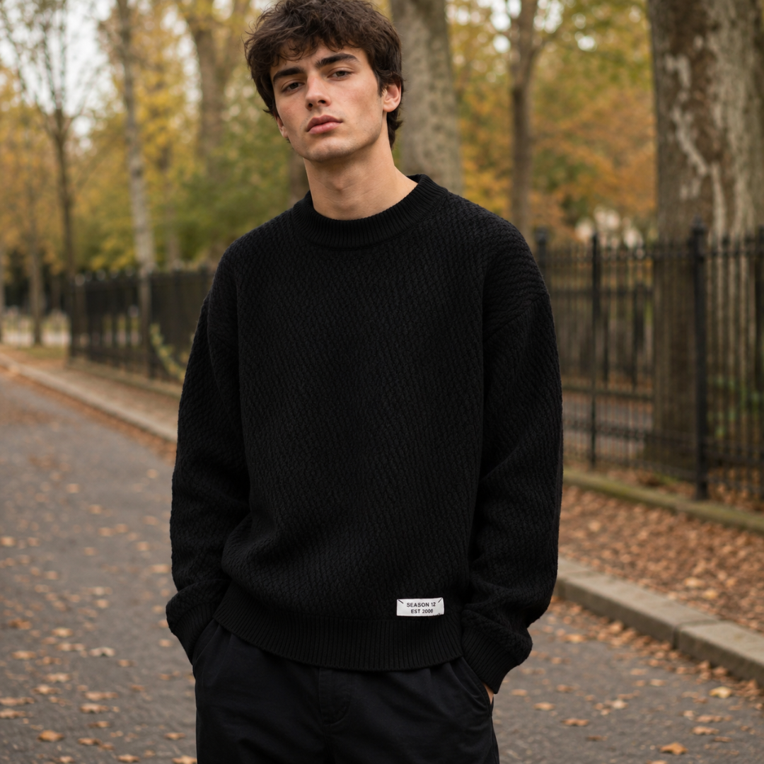 Maglione uomo nero in maglia lavorata con girocollo e bordo inferiore a coste
