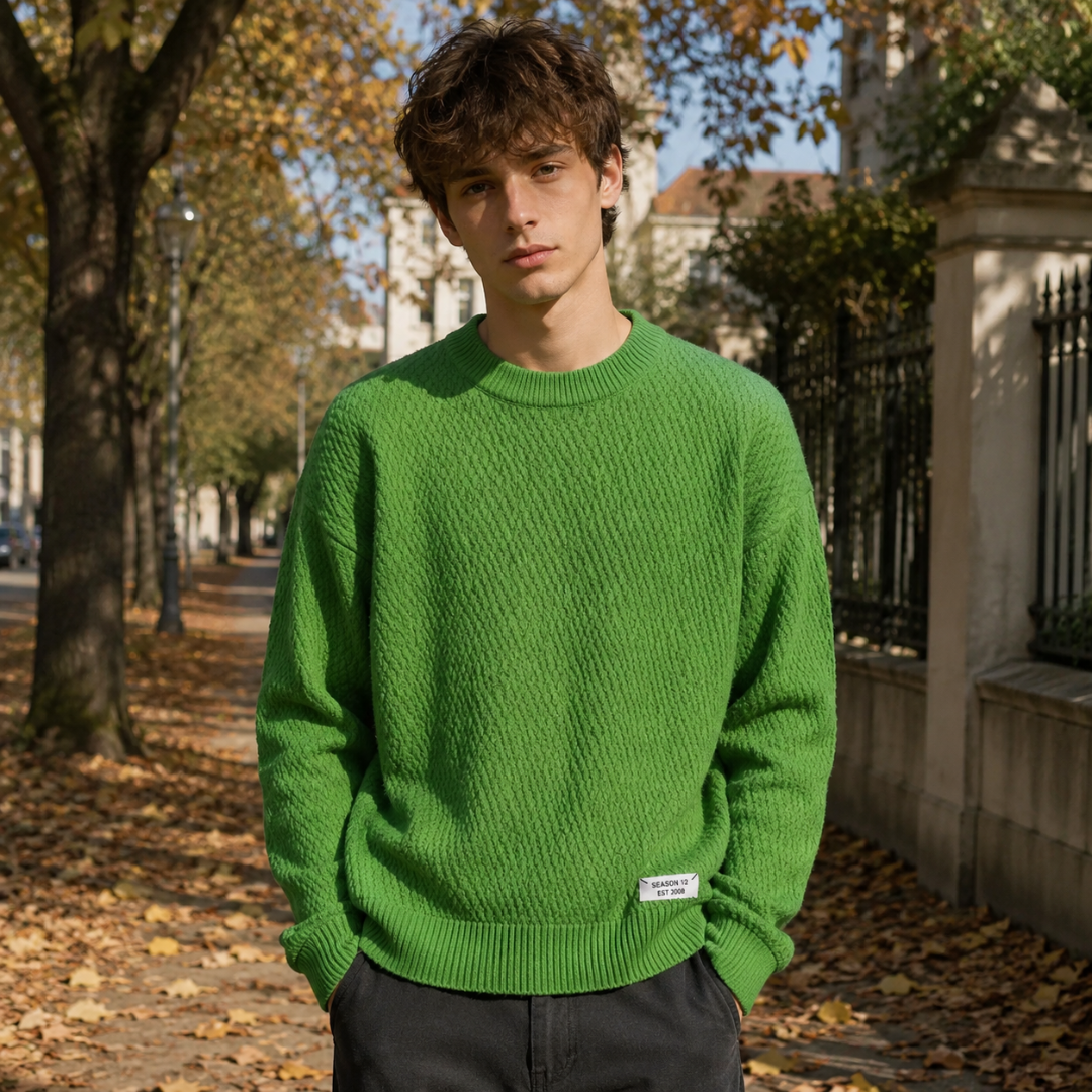 Maglione uomo verde in maglia lavorata con girocollo a coste e maniche lunghe