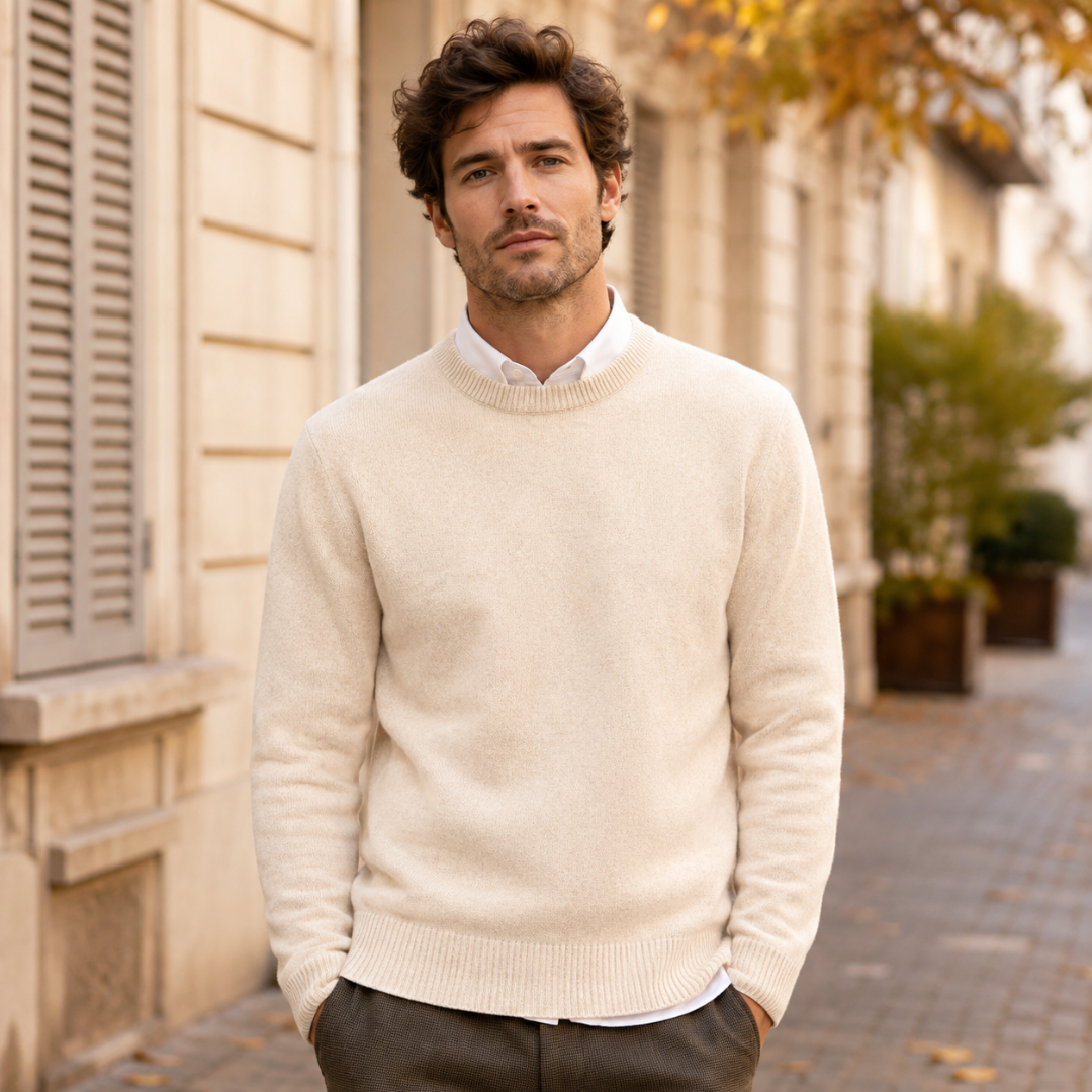 Maglione uomo beige a maglia liscia con bordi a coste su fondo e polsini