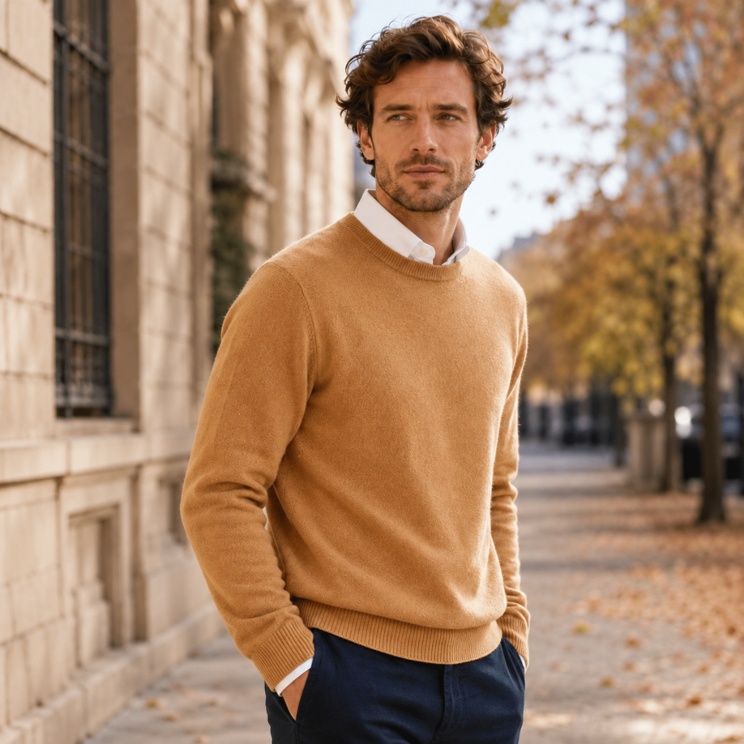 Maglione caramello uomo di tre quarti, bordo a coste sul fondo bene visibile