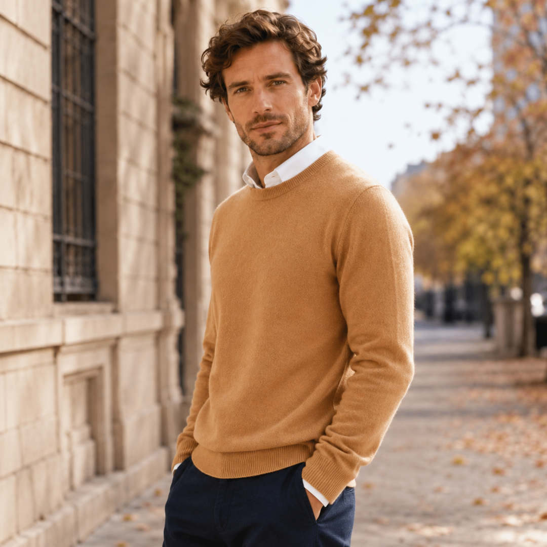 Maglione uomo caramello abbinato a pantaloni blu navy, dettaglio del girocollo