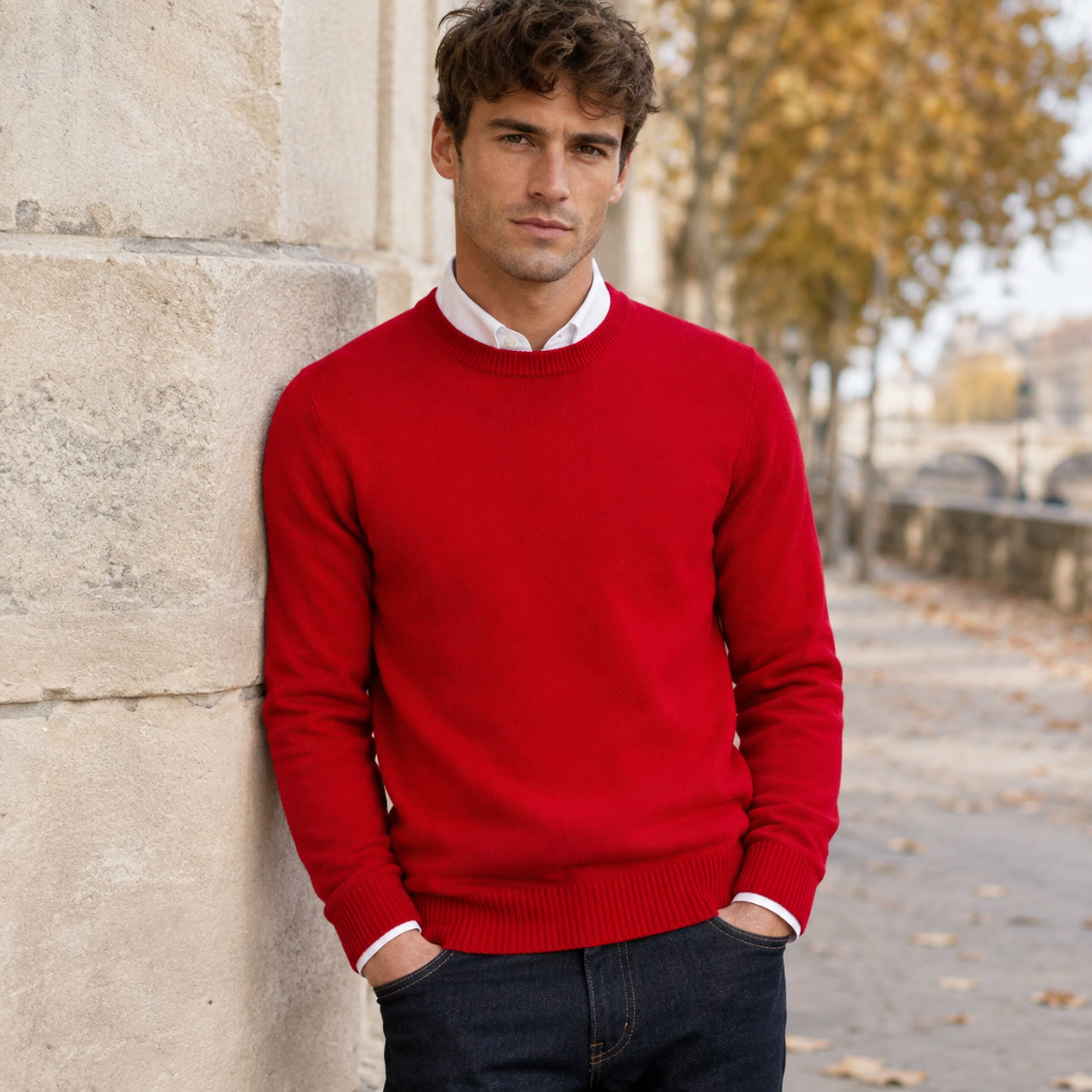 Maglione uomo rosso scarlatto a girocollo con maniche lunghe, appoggiato a un muro