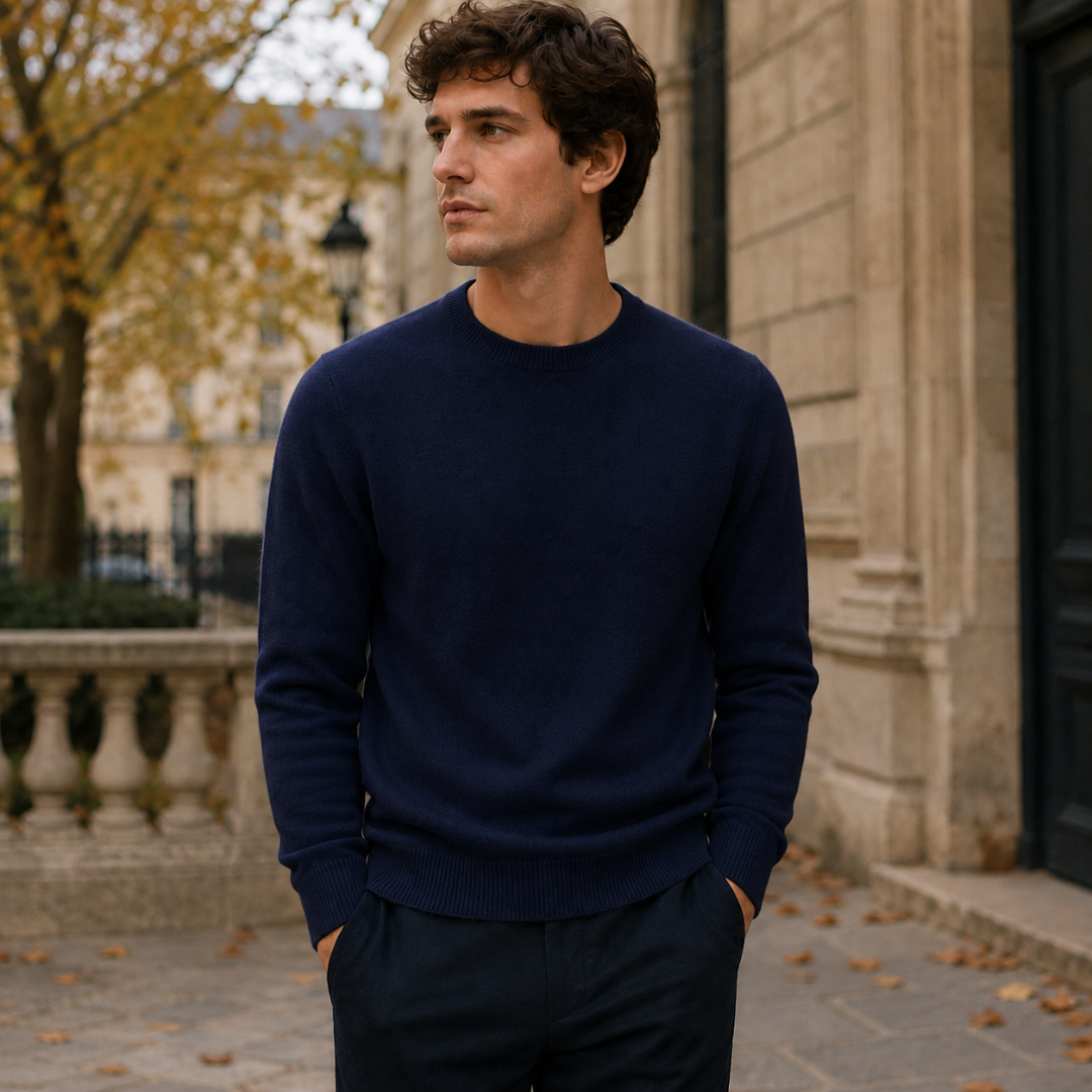 Maglione uomo blu navy a girocollo con bordi a coste ai polsi