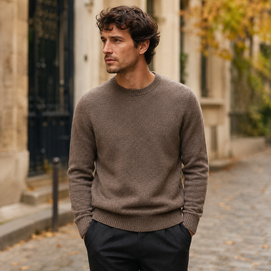 Maglione uomo cammello scuro a girocollo con maniche lunghe e collo a coste