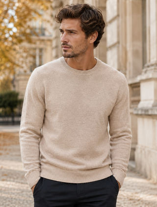 Maglione uomo cammello a girocollo con maniche lunghe e fondo a coste