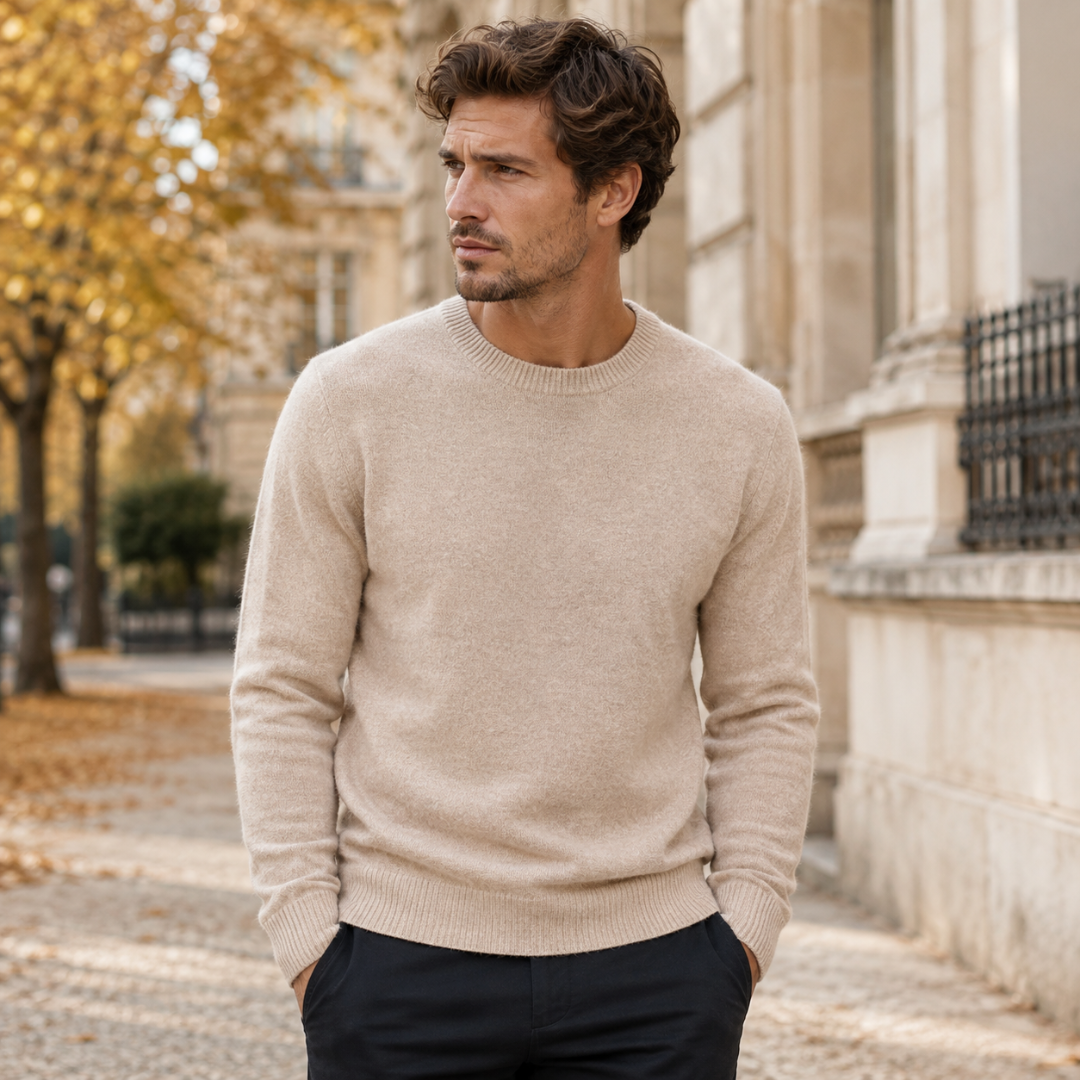 Maglione uomo cammello a girocollo con maniche lunghe e fondo a coste