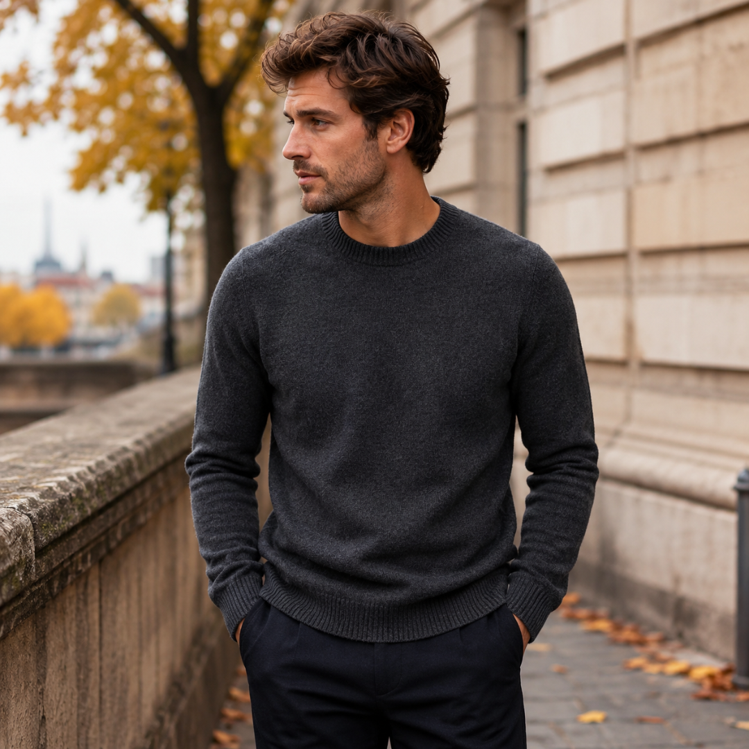 Maglione uomo grigio scuro a girocollo, fondo a coste e linea essenziale
