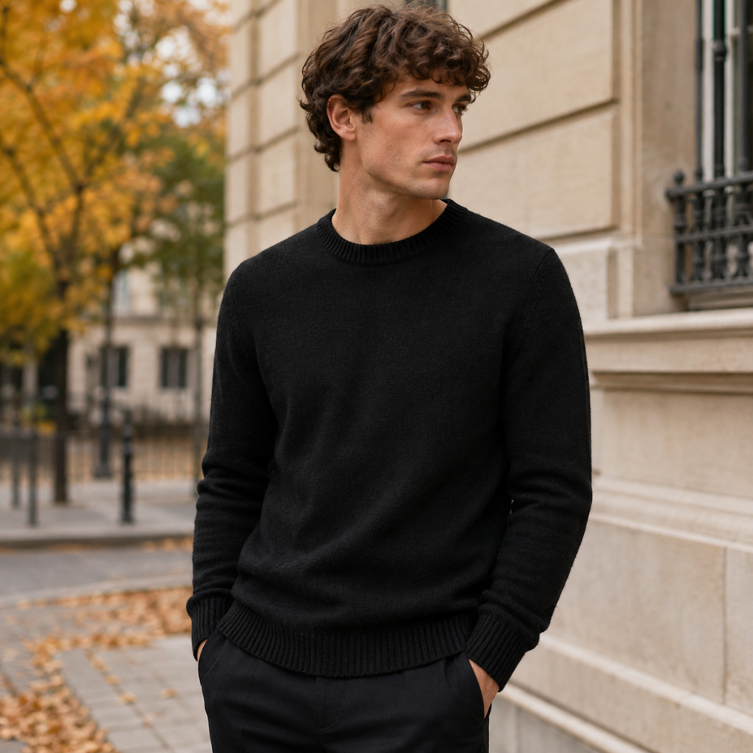 Maglione uomo nero a girocollo in maglia tinta unita con fondo a coste