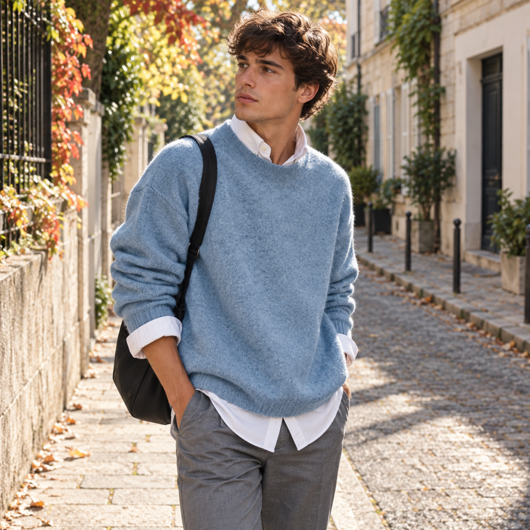 Maglione uomo azzurro a girocollo con maniche lunghe e polsini a coste