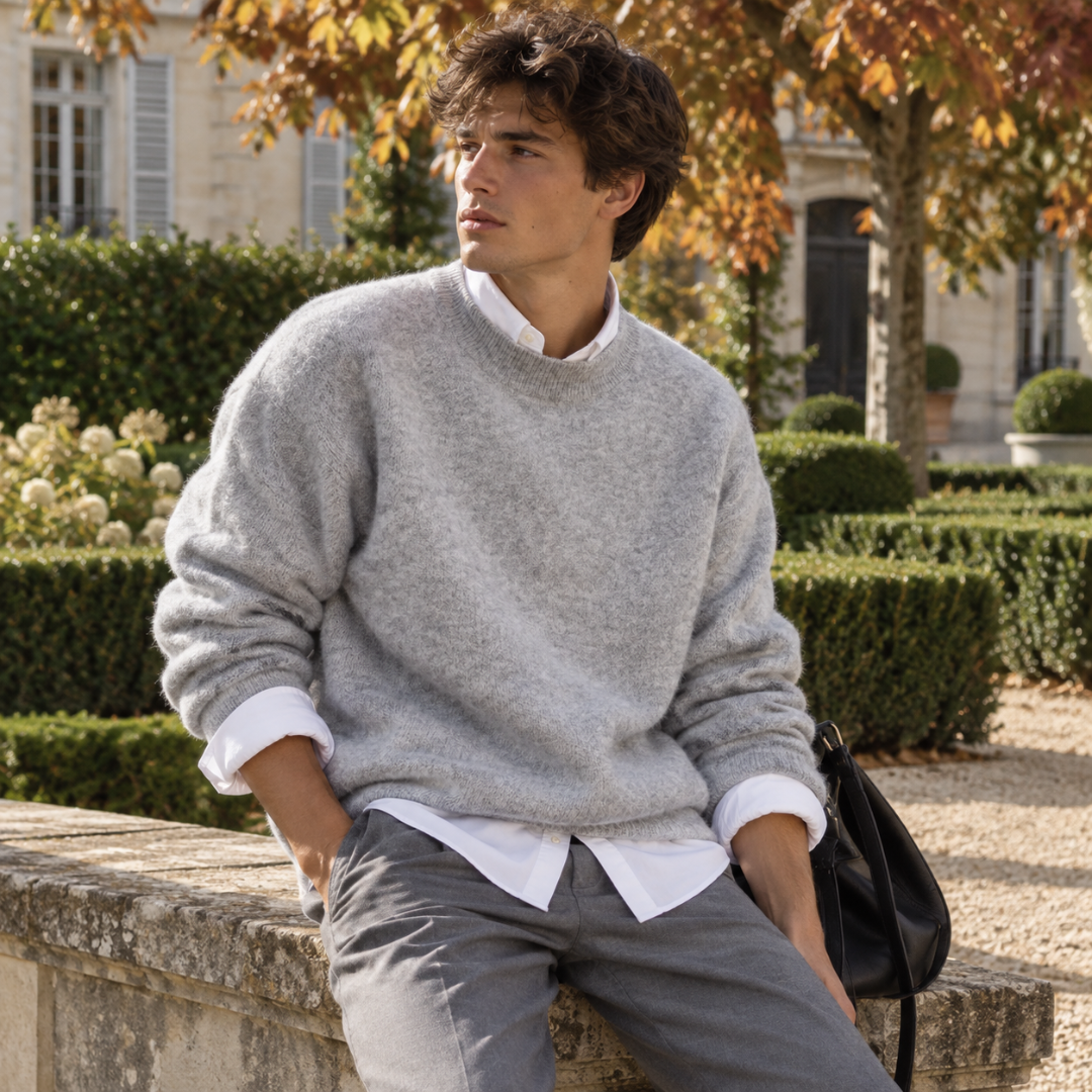 Maglione uomo grigio a girocollo dall'aspetto spazzolato con camicia bianca