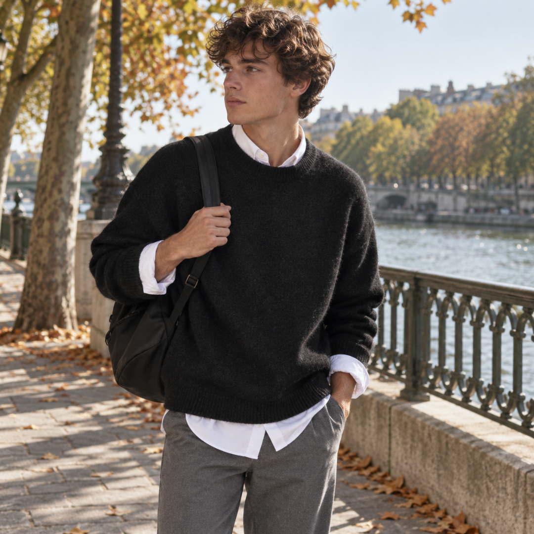 Maglione uomo nero a girocollo con fondo a coste su pantaloni grigi