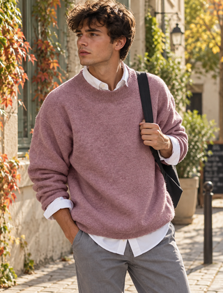 Maglione uomo rosa a girocollo con bordo a coste su camicia bianca