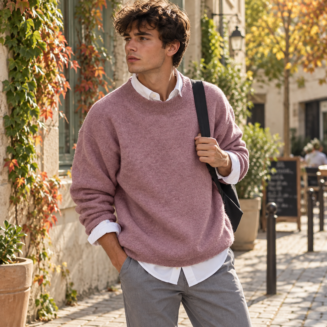 Maglione uomo rosa a girocollo con bordo a coste su camicia bianca
