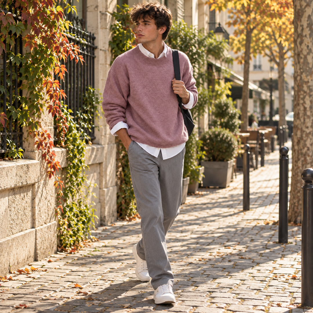 Uomo cammina con maglione rosa a girocollo e pantaloni grigi dritti