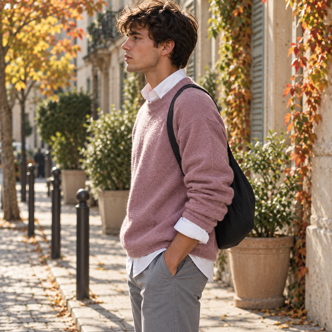 Vista laterale del maglione rosa uomo con maniche lunghe e polsini a coste