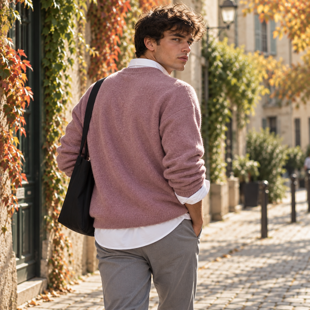 Retro del maglione uomo rosa con fondo a coste e spalle ampie