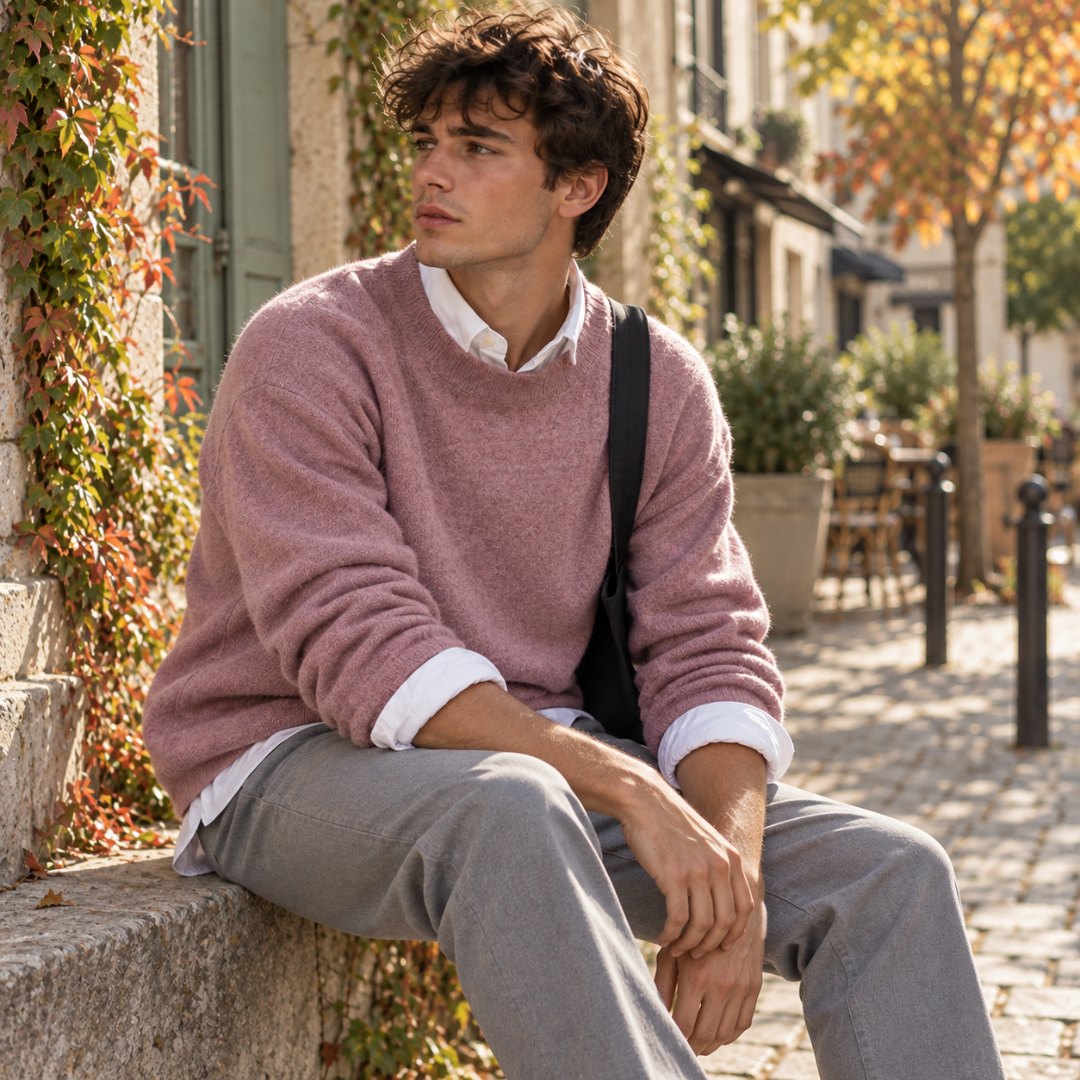 Uomo seduto indossa maglione rosa a girocollo con camicia bianca sotto