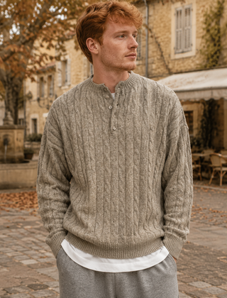 Maglione uomo beige in maglia a trecce con bottoniera sul collo serafino