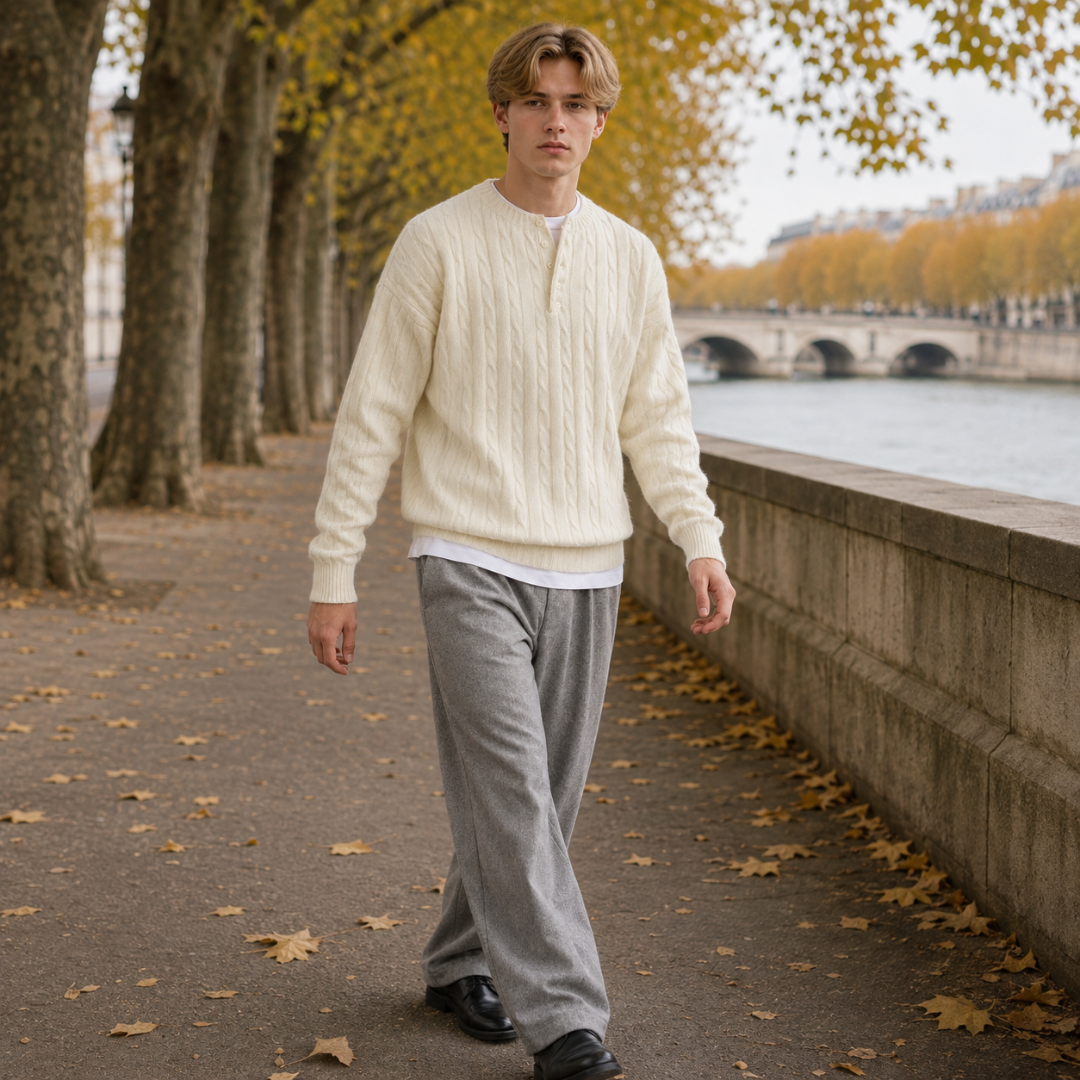 Uomo cammina indossando maglione bianco intrecciato con pantaloni grigi ampi