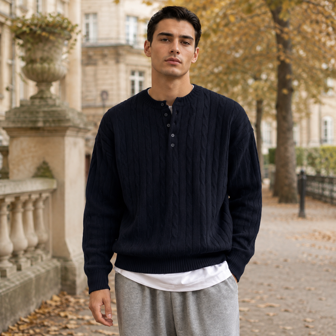 Maglione uomo blu navy intrecciato con bottoni sul davanti e fondo a coste