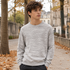 Maglione uomo grigio chiaro mélange a girocollo con maniche lunghe, vista frontale