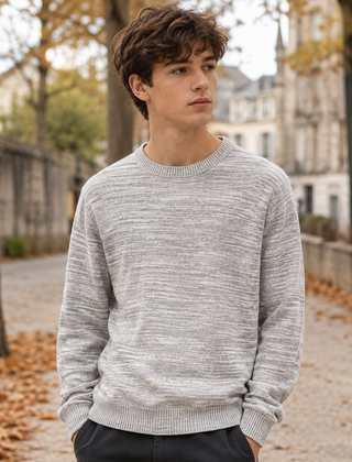Maglione uomo grigio chiaro mélange a girocollo con maniche lunghe, vista frontale