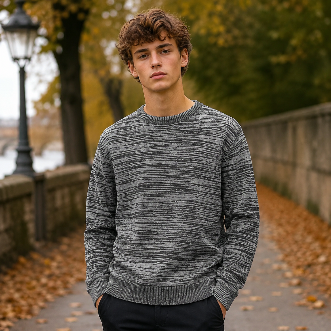 Maglione uomo grigio scuro mélange a girocollo con bordi a coste e fondo rifinito