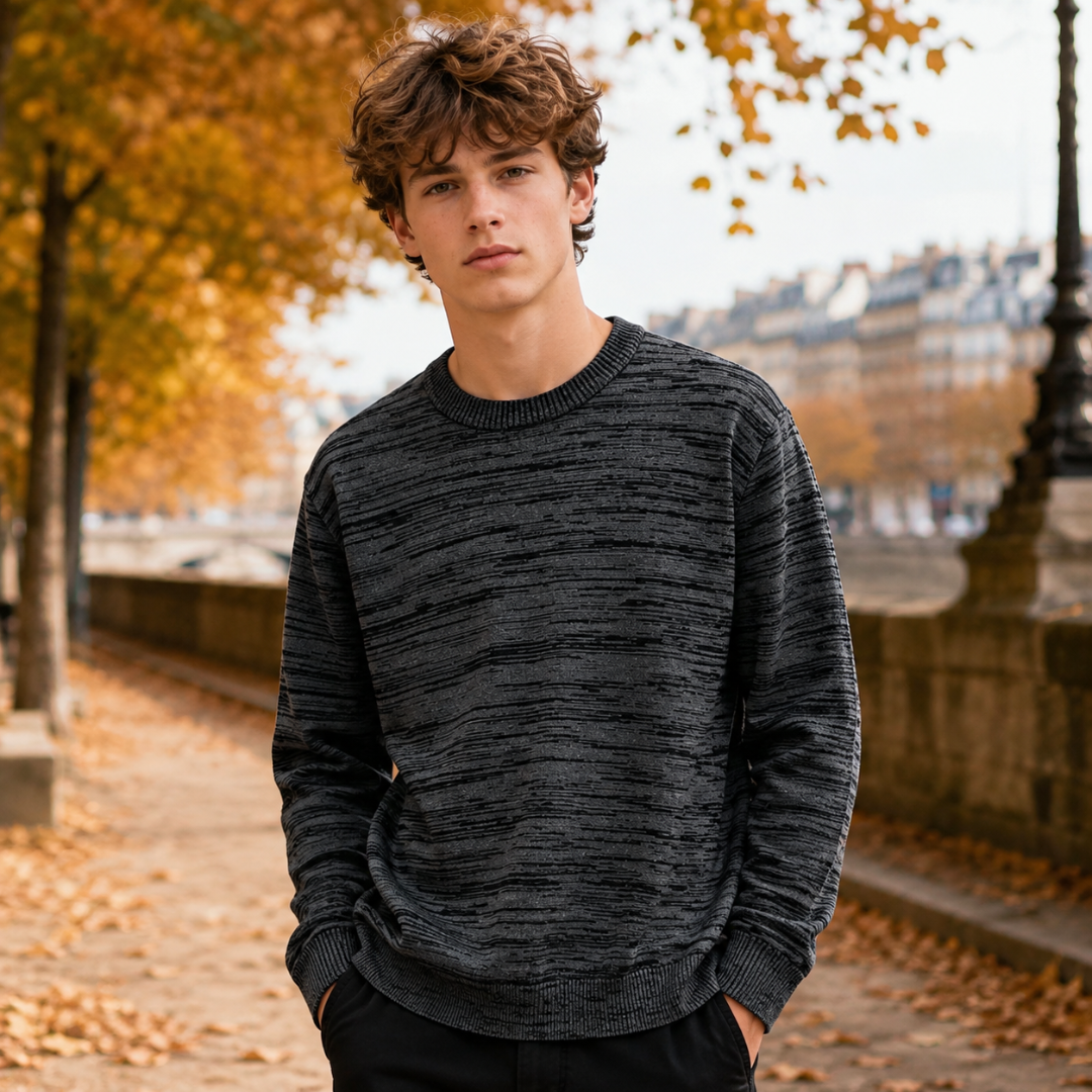 Maglione uomo nero mélange a girocollo con maniche lunghe e polsini a coste