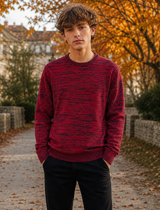 Maglione uomo rosso mélange a girocollo con bordi a coste, vista frontale