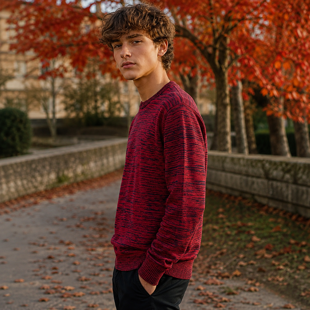 Maglione rosso mélange di profilo, manica lunga con polsino a coste