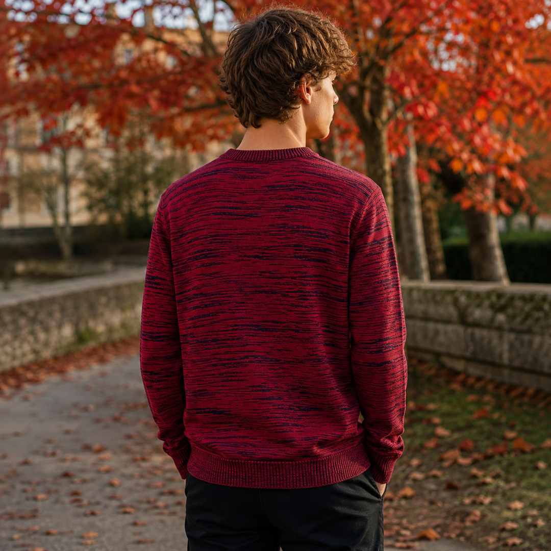 Retro del maglione uomo rosso mélange con fondo a coste e girocollo