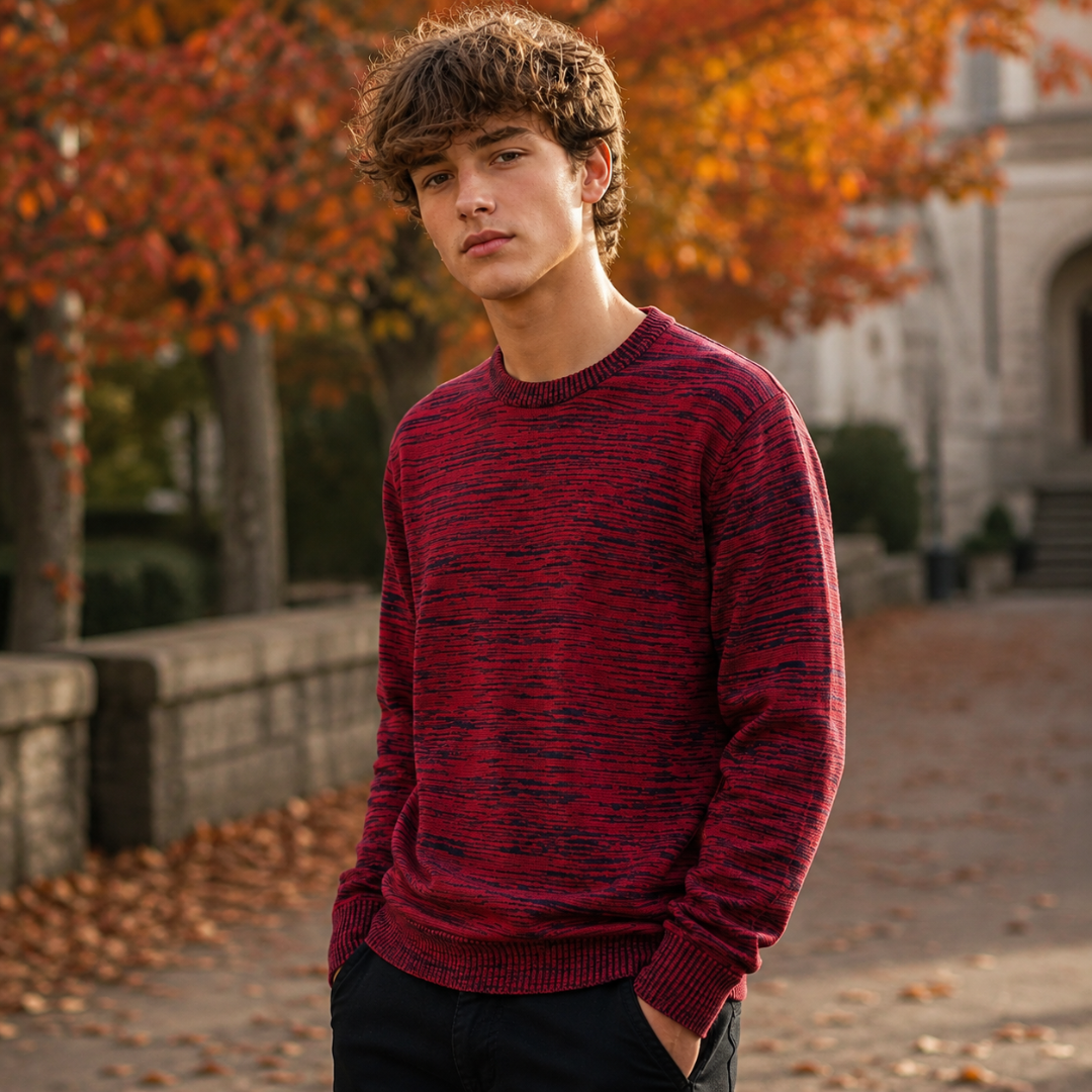 Maglione uomo mélange rosso e blu a girocollo, vista frontale con maniche lunghe
