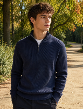 Maglione uomo blu navy in maglia a coste con mezza zip e polsini a coste