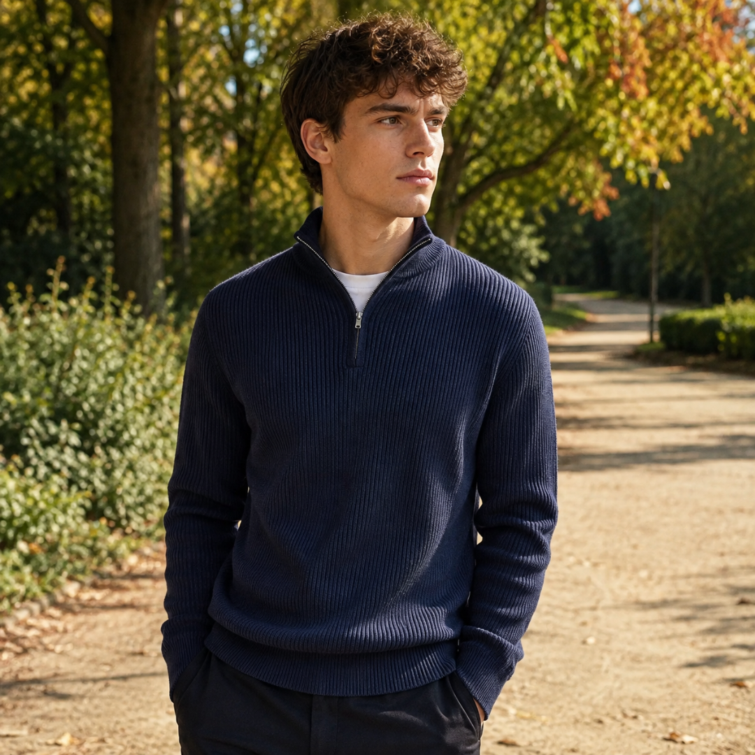 Maglione uomo blu navy in maglia a coste con mezza zip e polsini a coste