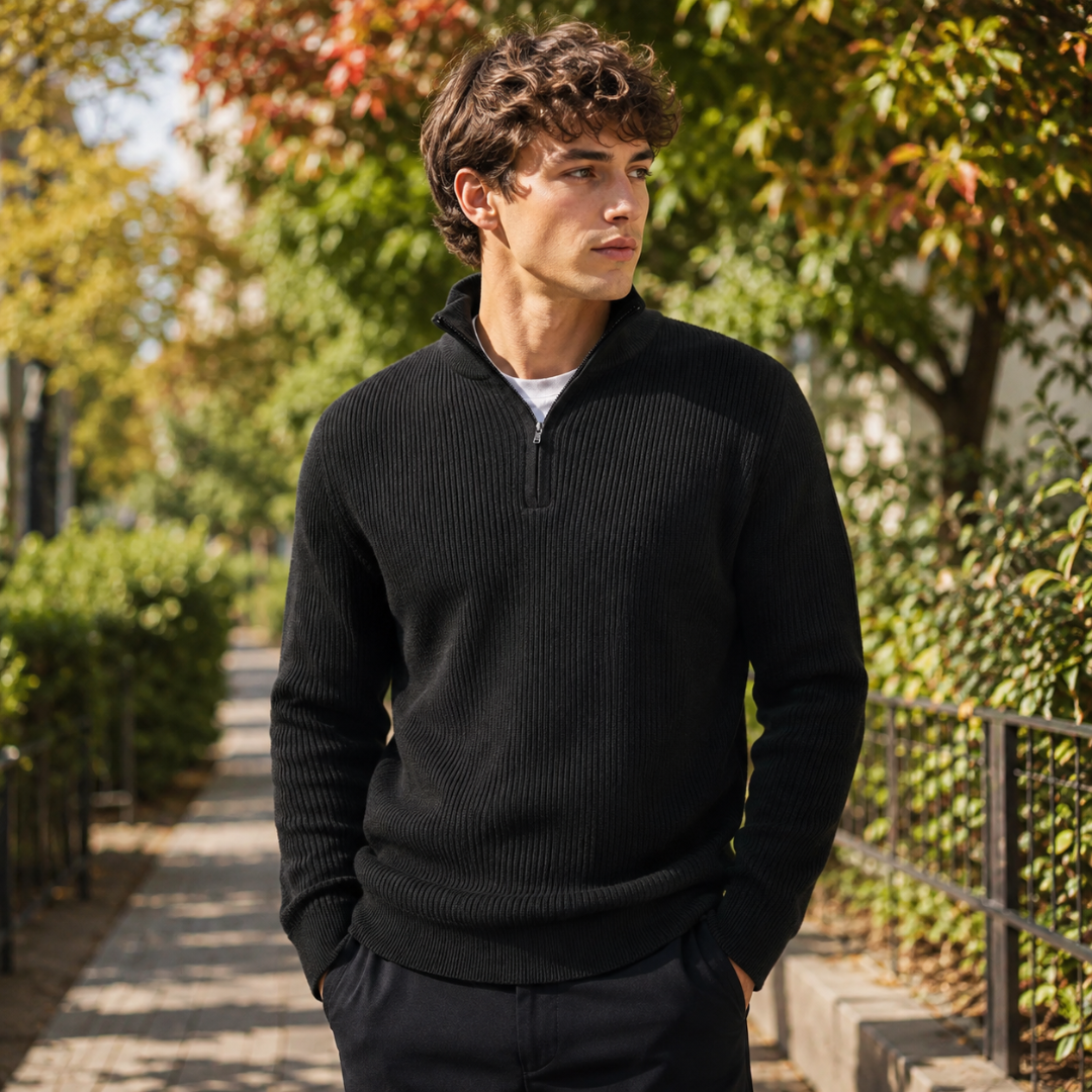 Maglione uomo nero a coste con mezza zip e collo alto in maglia