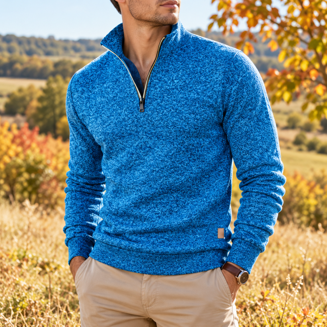 Maglione uomo azzurro melangiato con mezza zip aperta sul collo alto