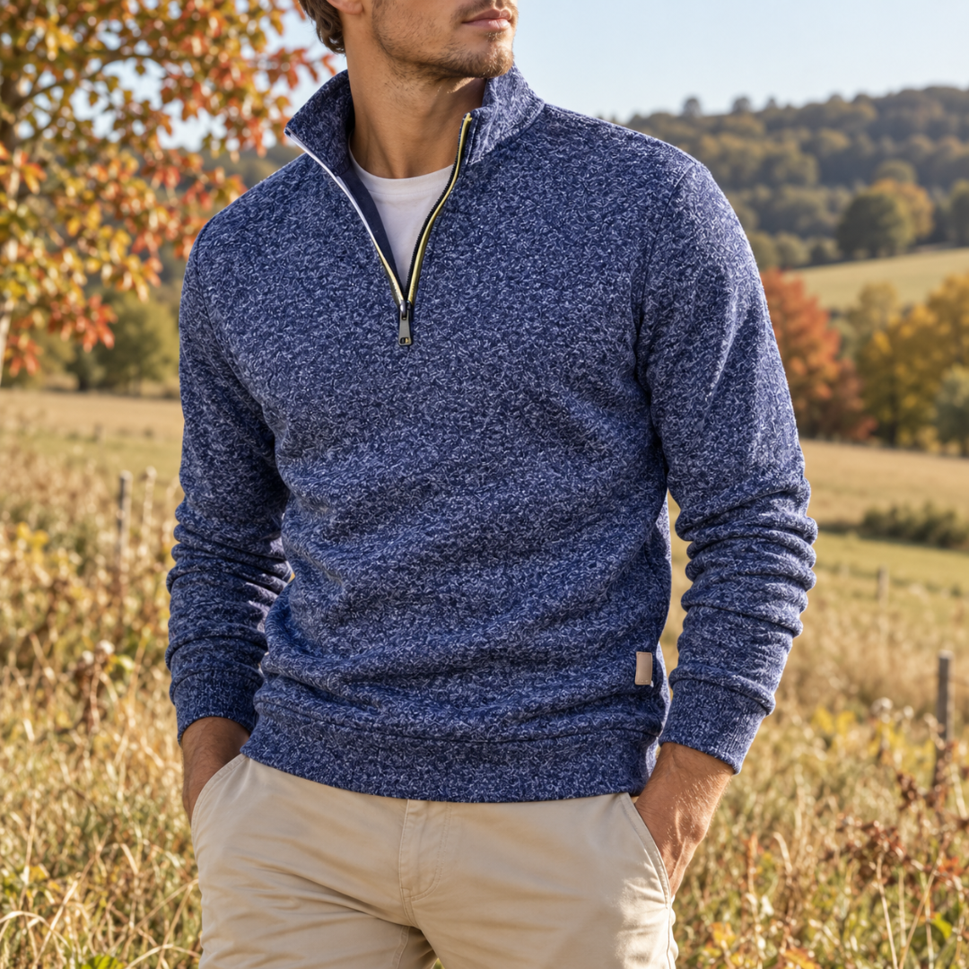 Maglione uomo blu scuro melangiato con collo alto e cursore dorato