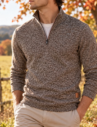 Maglione uomo color caffè melangiato con zip corta e polsini a coste