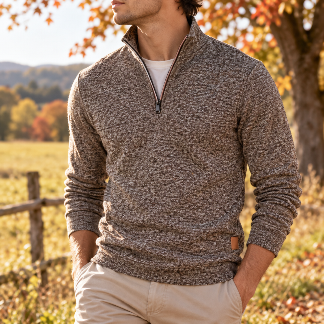 Maglione uomo color caffè melangiato con zip corta e polsini a coste