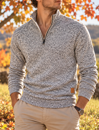 Maglione uomo grigio chiaro melangiato con mezza zip e collo alto