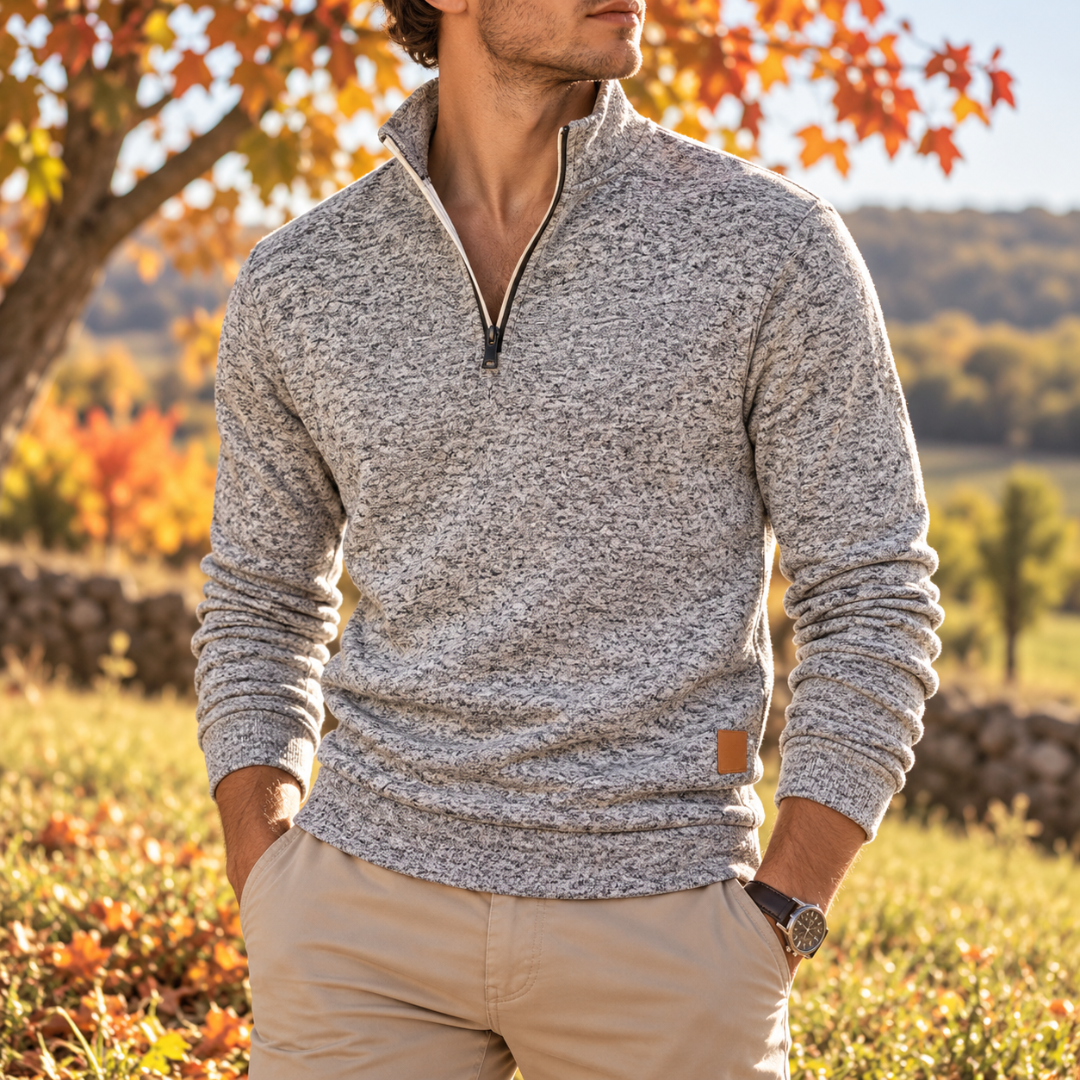 Maglione uomo grigio chiaro melangiato con mezza zip e collo alto
