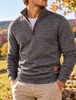 Maglione uomo grigio scuro melangiato con zip a contrasto e collo alto