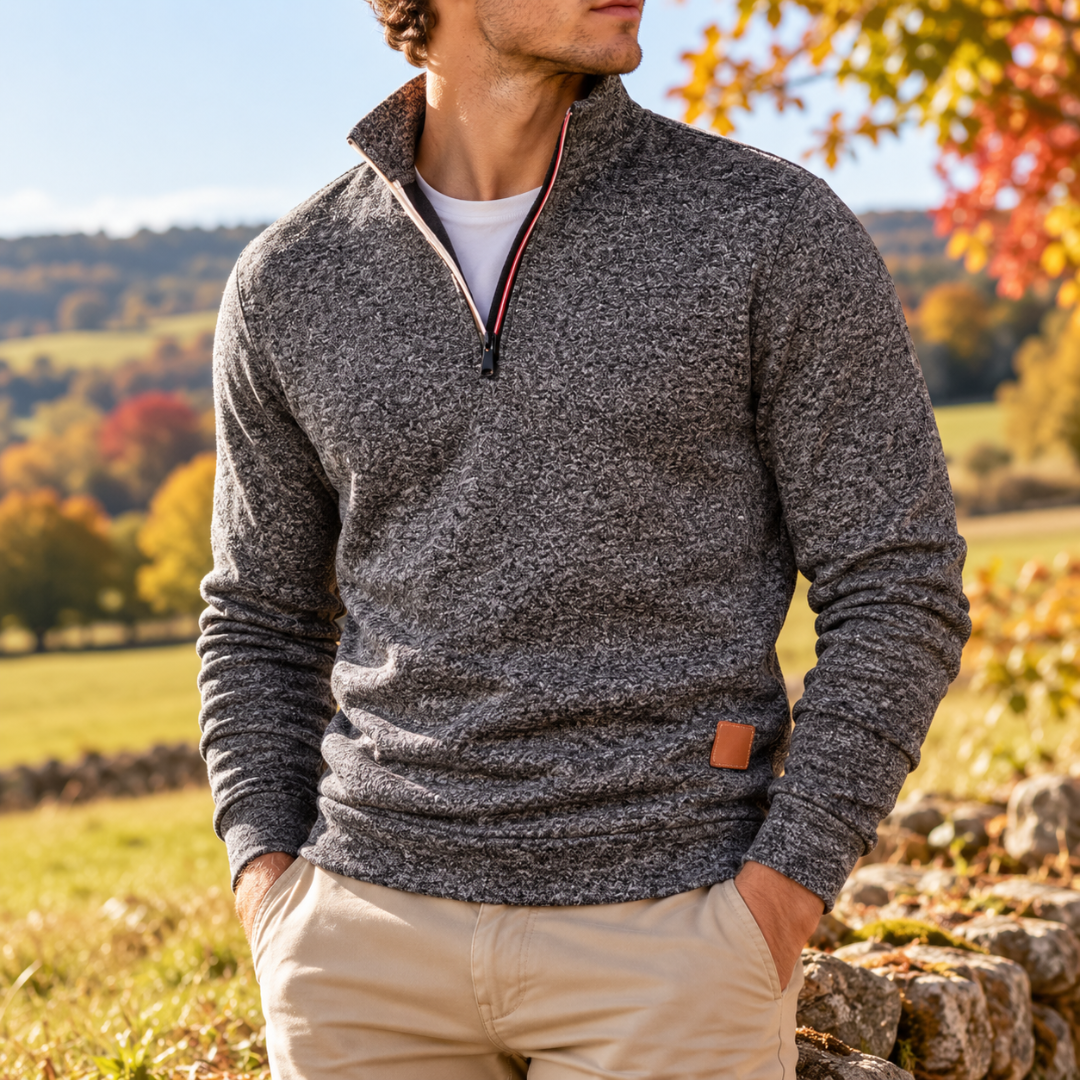 Maglione uomo grigio scuro melangiato con zip a contrasto e collo alto