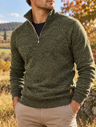 Maglione uomo verde melangiato con mezza zip e maniche lunghe a coste