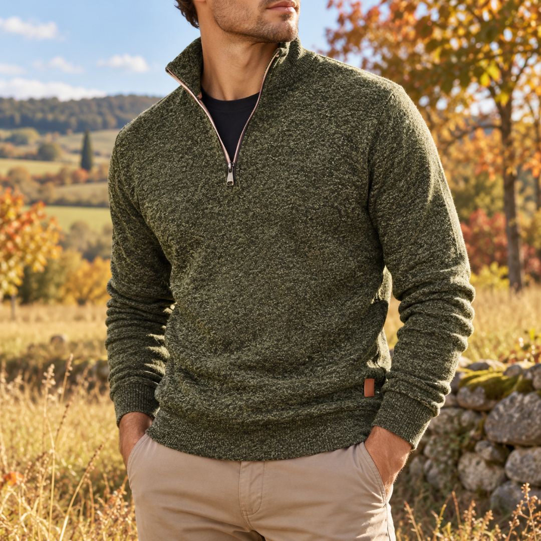 Maglione uomo verde melangiato con mezza zip e maniche lunghe a coste