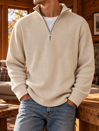 Maglione uomo beige in maglia a coste con collo alto e zip argentata