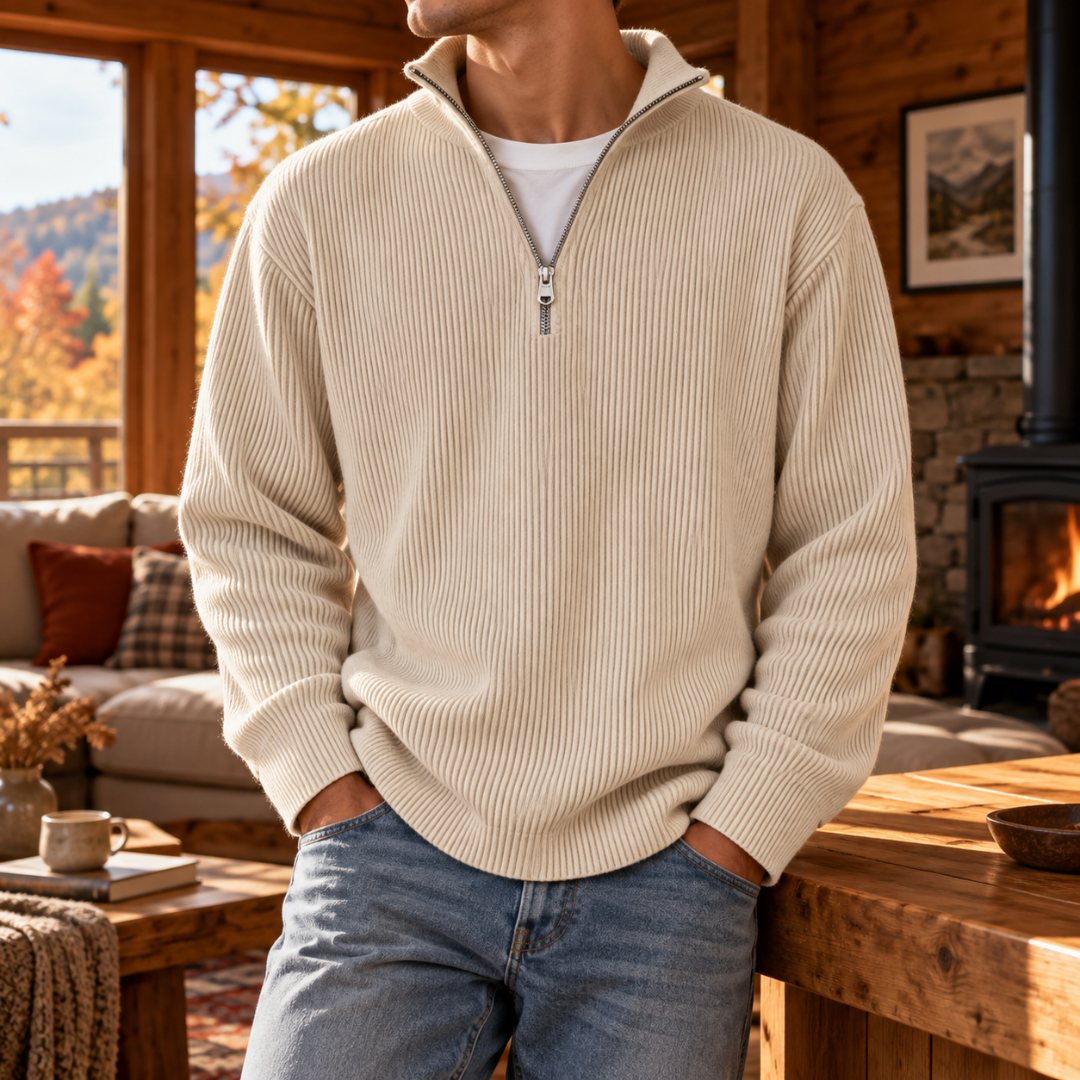 Maglione uomo beige in maglia a coste con collo alto e zip argentata