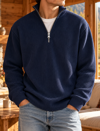 Maglione uomo blu navy con mezza zip in metallo e maglia a coste