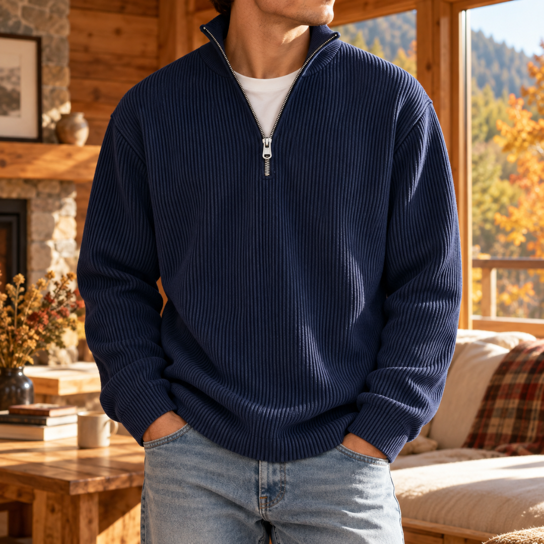 Maglione uomo blu navy con mezza zip in metallo e maglia a coste